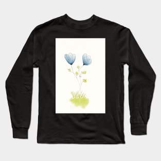 Two Blue Flowers in Pen Ink and Watercolor Long Sleeve T-Shirt